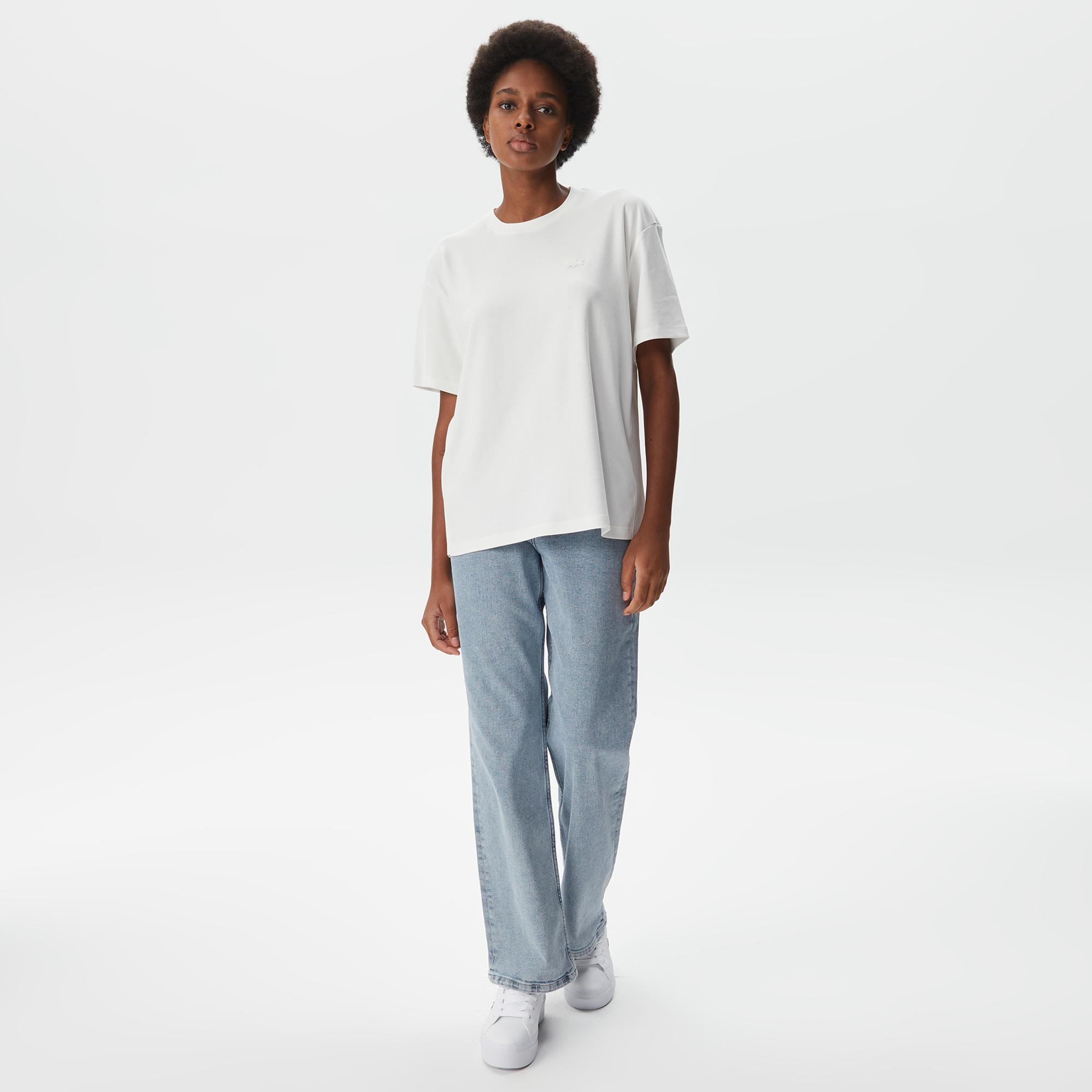 Lacoste Kadın Relaxed Fit Bisiklet Yaka Koyu Beyaz T-Shirt