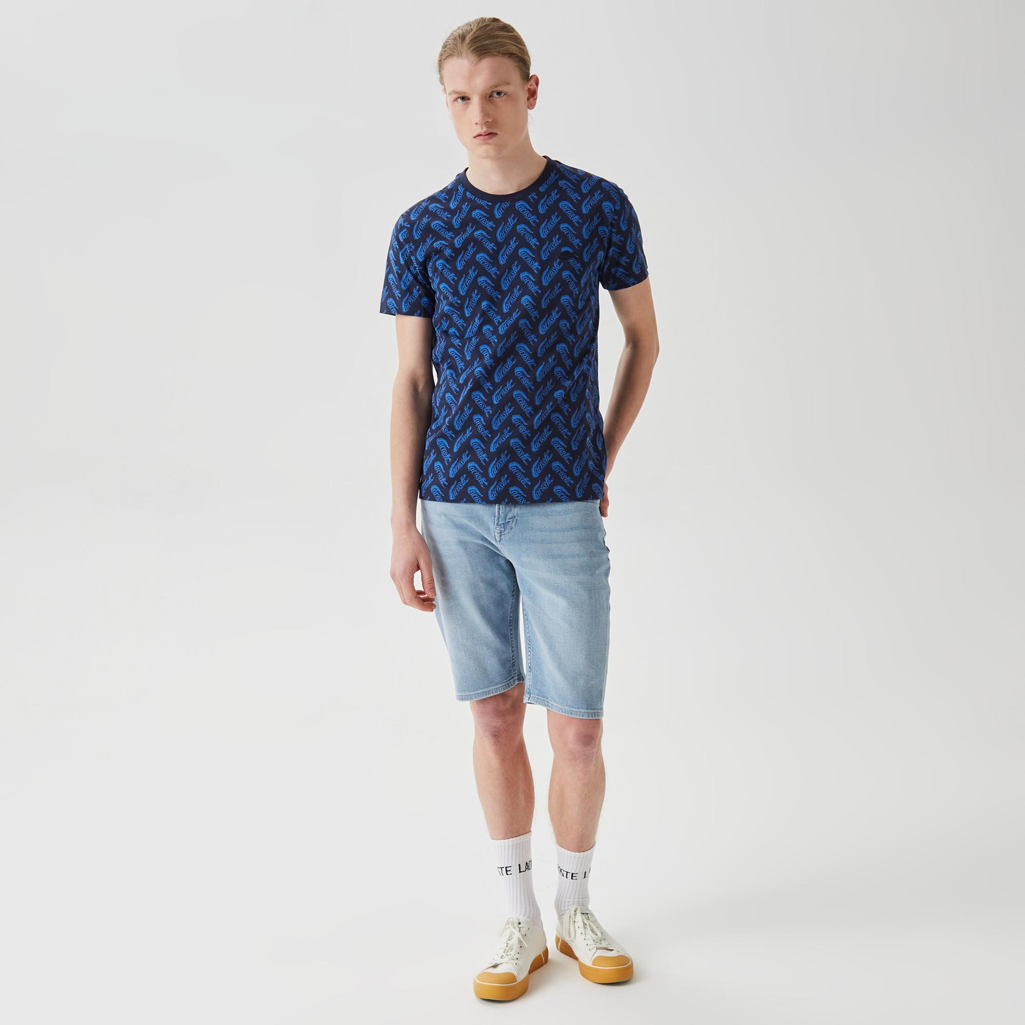 Erkek Slim Fit Bisiklet Yaka Desenli Lacivert T-Shirt