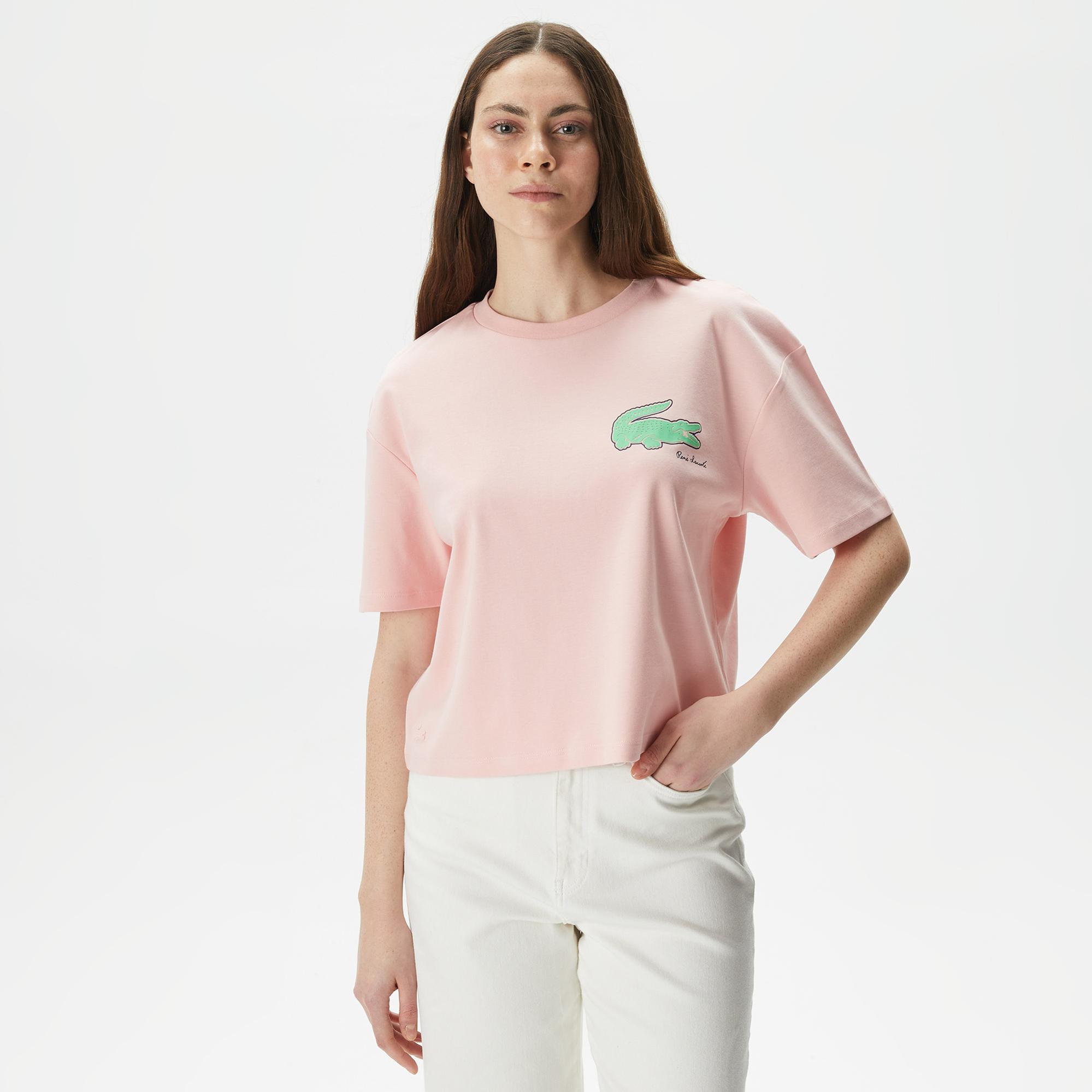 Kadın Loose Fit Bisiklet Yaka Baskılı Organik Pamuk Pembe T-Shirt