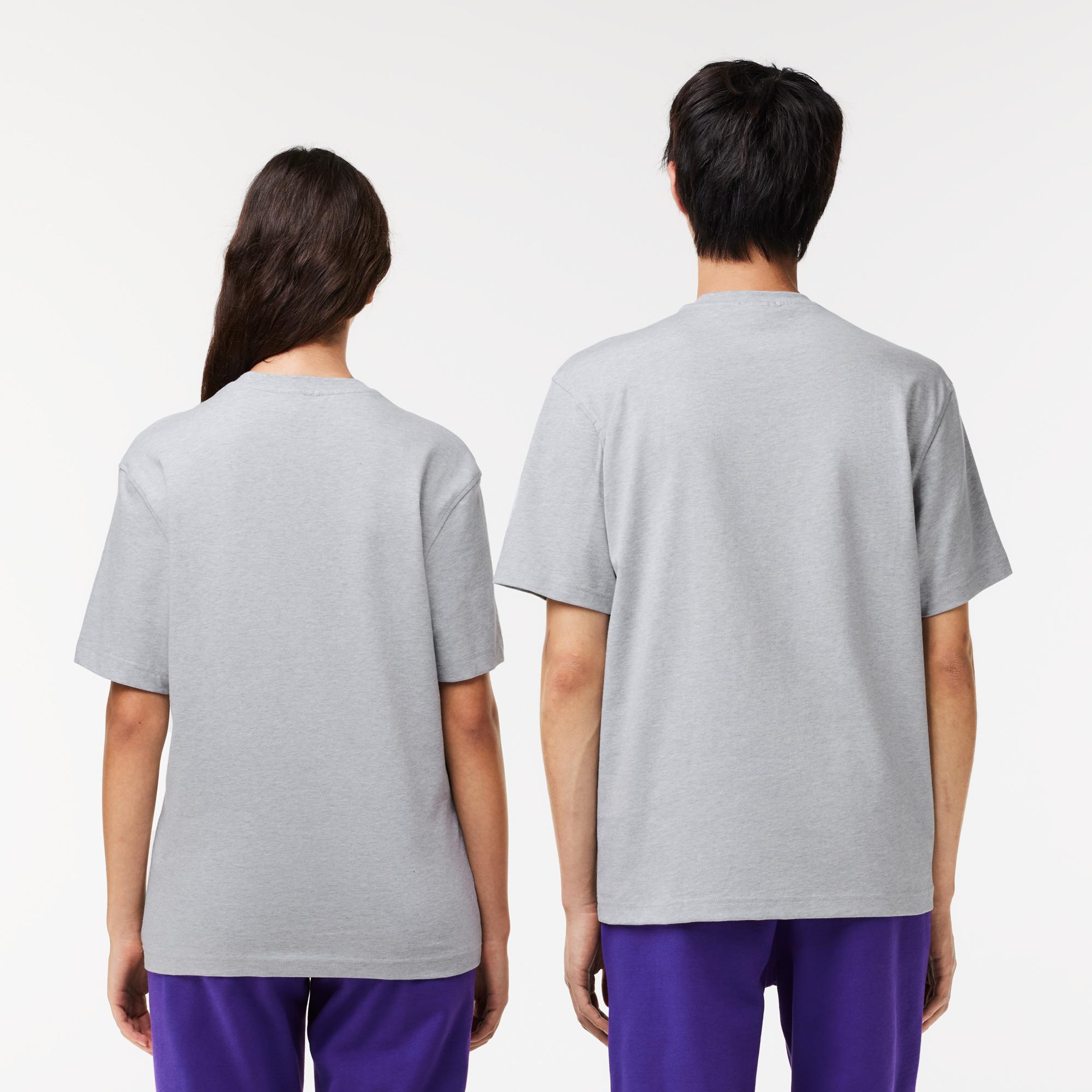 Unisex Relaxed Fit Bisiklet Yaka Baskılı Gri T-Shirt