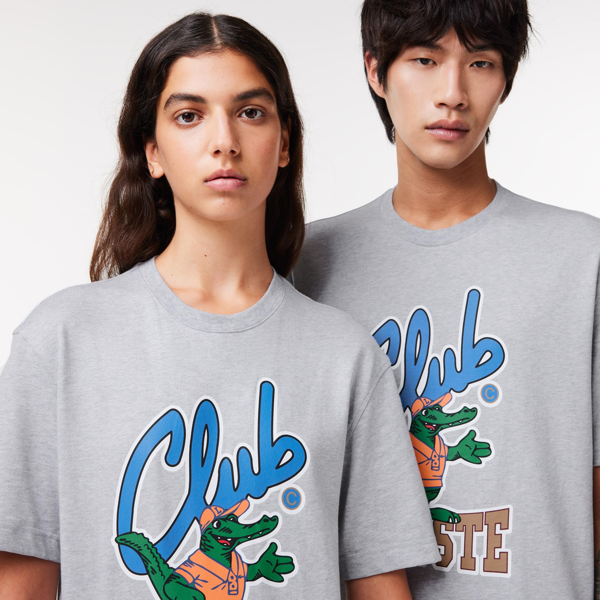 Unisex Relaxed Fit Bisiklet Yaka Baskılı Gri T-Shirt