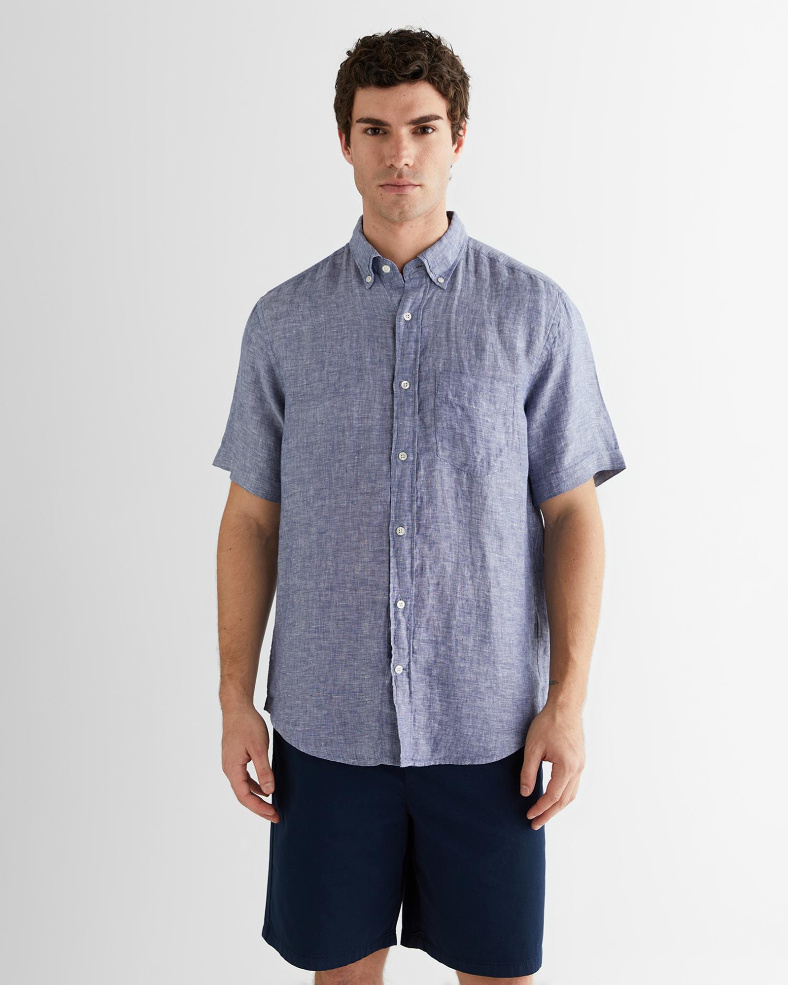 GANT Erkek Mavi Regular Fit Klasik Yaka Keten Gömlek